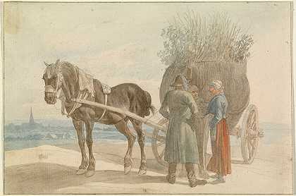 带着马车的奥地利农民，远处可以看到维也纳的景色`Austrian Peasants with a Horse and Cart, with a View of Vienna in the Distance (1816–1818) by Johann Adam Klein