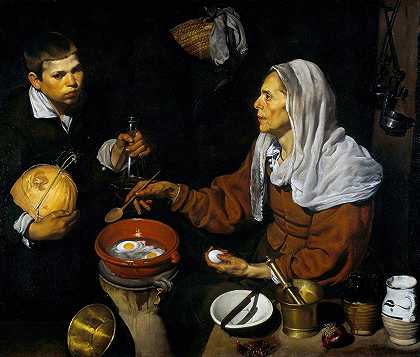 一位老妇人正在煮鸡蛋`An Old Woman Cooking Eggs by Diego Velázquez