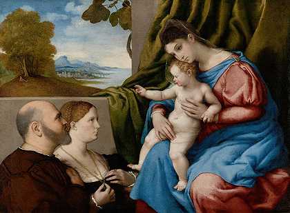麦当娜和两名捐赠者的孩子`Madonna and Child with Two Donors (about 1525–1530) by Lorenzo Lotto