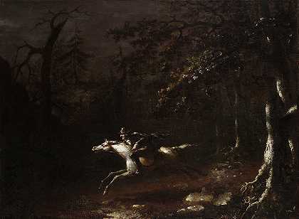 从无头骑士身上飞过的伊卡博德鹤`Ichabod Crane Flying from the Headless Horseman (ca. 1828) by John Quidor