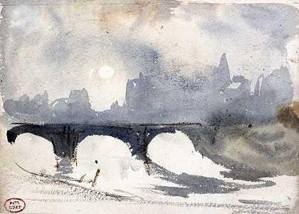 上午九号桥附近的冬天`Matinée dhiver près du Pont Neuf by Paul Huet
