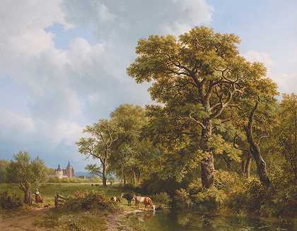 夏天的景色，奶牛在浇水，远处的城堡`A Summer Landscape With cows Watering, A Castle In The Distance (1836) by Barend Cornelis Koekkoek