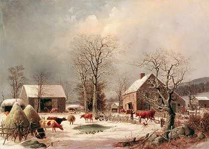 冬天的农家庭院`Farmyard in Winter by George Henry Durrie