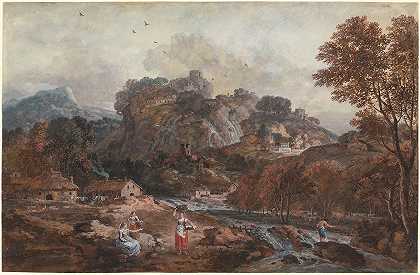 有洗衣女工和渔夫的山景`Mountain Landscape with Washerwomen and a Fisherman (1762~1765) by Francesco Zuccarelli