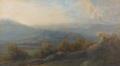 右边有两个人物的山景`Mountain Landscape with two Figures at the Right (1905) by Alphonse Legros