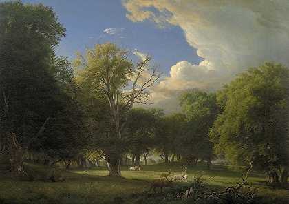 夏天的午后，阵雨过后。哥本哈根北部杰格斯堡的鹿园`Summer Afternoon with a Passing Shower. The Deer Park in Jægersborg North of Copenhagen (1873 ~ 1874) by P. C. Skovgaard