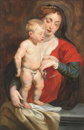 在护墙上支撑基督孩子的圣母`The Virgin Supporting The Christ Child On A Parapet by Workshop of Peter Paul Rubens