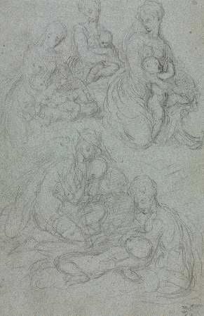 女子与孩子的素描`Sketches of Virgin and Child (second half 1500s) by Giulio Campi