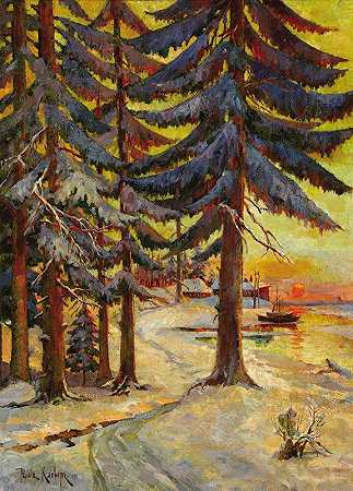 湖上的冬夜`Winter Evening on the Lake (1887) by Julius Sergius Klever