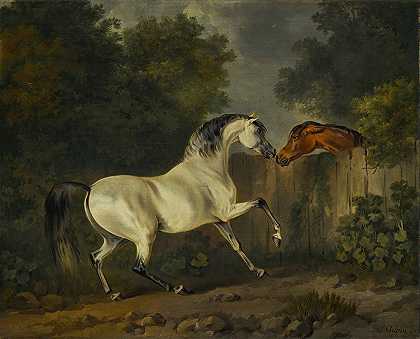 篱笆边的两匹马`Two Horses By A Fence (1782) by Sawrey Gilpin