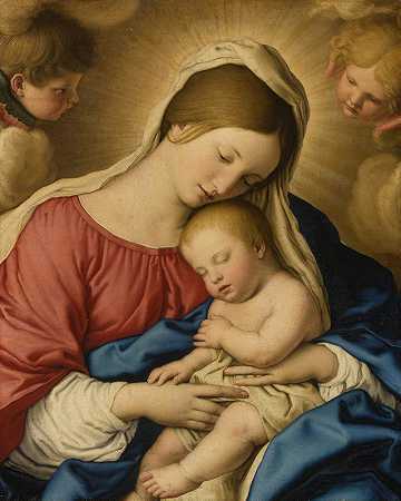麦当娜和带两个Putti的孩子`The Madonna And Child With Two Putti by Giovanni Battista Salvi da Sassoferrato