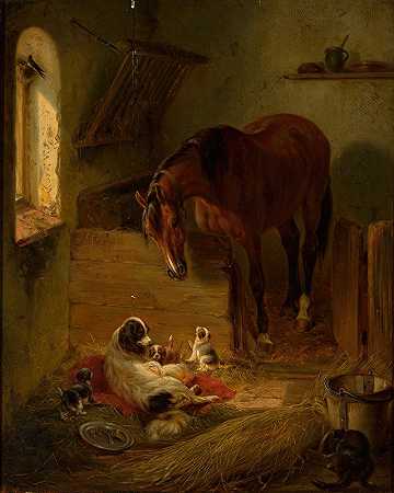 在谷仓里`In the barn (1846) by Benno Raffael Adam