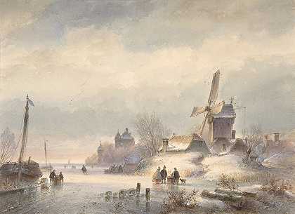 冰雪河流的冬季景观`Winter Landscape with Frozen River (19th century) by Lodewijk Johannes Kleijn
