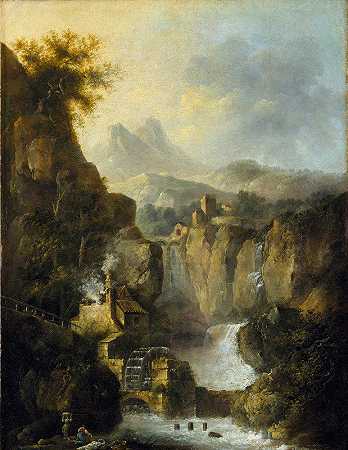 有瀑布的山地景观`Mountainous Landscape with a Waterfall (1803) by Louis Belanger