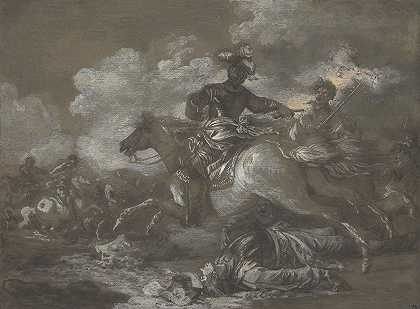 骑兵与右边一名倒下的士兵发生了小规模冲突`Cavalry Skirmish with a Fallen Soldier at Right (18th century) by Francesco Casanova