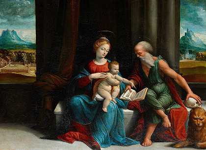 麦当娜、孩子和圣杰罗姆`Madonna and Child and St. Jerome (1530s) by Benvenuto Tisi