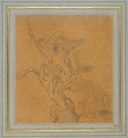 狮子和骑手攻击马（猎虎草图）`Lion Attacking a Horse with Rider (Sketch for The Tiger Hunt) by Eugène Delacroix