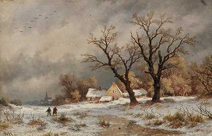 一个小村庄前有木材收藏家的冬季景观`A Winter Landscape with Wood Collectors before a Small Village (1890) by Remigius Adrianus van Haanen