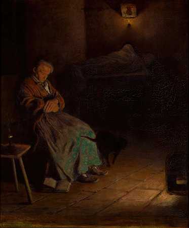 看护尸体的老妇人2`Old Woman Watching Over a Dead Body II (1890~1899) by Aleksander Gierymski