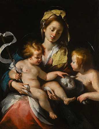 麦当娜和孩子与婴儿圣约翰浸信会`Madonna And Child With The Infant Saint John The Baptist by Bernardo Strozzi