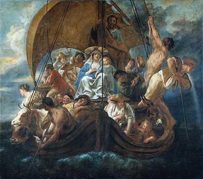 船上有各种各样的人和动物的神圣家庭`The Holy Family With Various Persons And Animals In A Boat by Jacob Jordaens