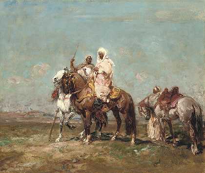 沙漠中的阿拉伯骑兵`Arab Horsemen In The Desert by Henri Émilien Rousseau