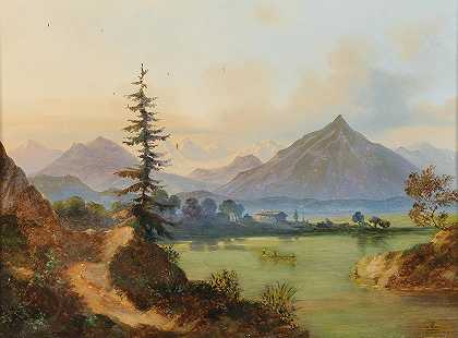 山中湖泊`Lake In A Mountain Landscape by Adolf Heinrich Lier