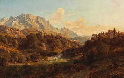 莫蒂夫·贝尼德多夫，蒂罗尔，背景是野生的凯撒山脉`Motiv bei Niederdorf, Tirol, in the background the Wild Kaiser mountains (1869) by Ludwig Halauska