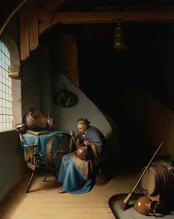 一位老妇人坐在纺车旁的窗户旁，吃着粥`An Elderly Woman, Seated By A Window At Her Spinning Wheel, Eating Porridge by Gerrit Dou