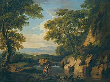 前景是河流旁的山林景观`A Mountainous Wooded Landscape With Figures By A River In The Foreground by George Barret