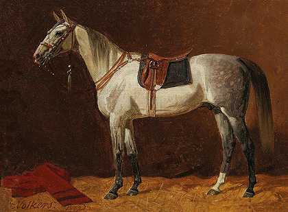 马厩里备有鞍的白马`A Saddled White Horse in a Stable (1903) by Emil Volkers