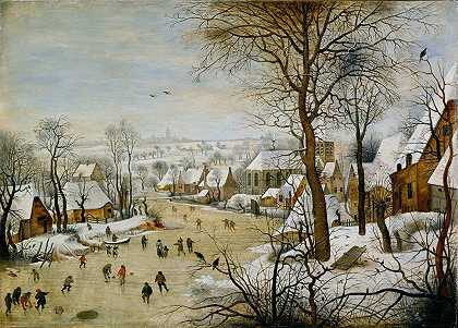 冬季景观与鸟类陷阱`Winter Landscape with Bird Trap by Pieter Brueghel The Younger