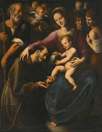 神圣的家庭，阿西西的圣方济各崇拜基督的孩子，上面有两个年轻人和天使`The Holy Family With Saint Francis Of Assisi Adoring The Christ Child, With Two Youths And Angels Above by Fabrizio Santafede