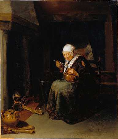 老妇人吃东西`Old Woman Eating by Quirijn Van Brekelenkam