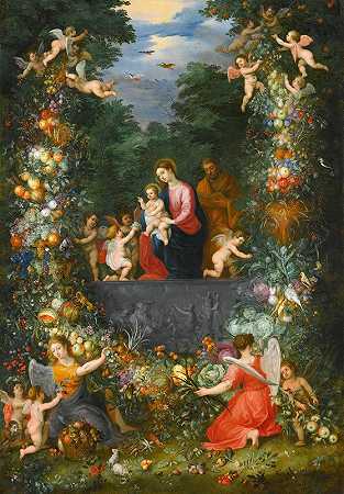 天使们手持的水果、鲜花和蔬菜花环中的神圣家庭`The Holy Family Within A Garland Of Fruit, Flowers And Vegetables Held By Angels by Jan Brueghel the Younger