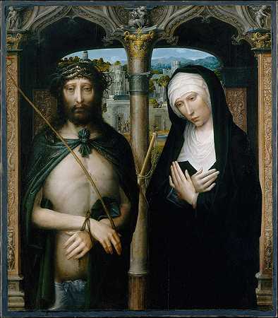 带荆棘的基督（Ecce Homo）和哀悼的圣母`Christ Crowned with Thorns (Ecce Homo), and the Mourning Virgin (ca. 1530–40) by Adriaen Isenbrant