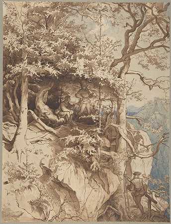 山上的猎人`Hunters in an Outlook on a Mountain (ca. 1870) by August Leopold Venus