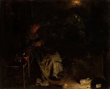 老妇人看着一具尸体我`Old Woman Watching over a Dead Body I (1880~1890) by Aleksander Gierymski