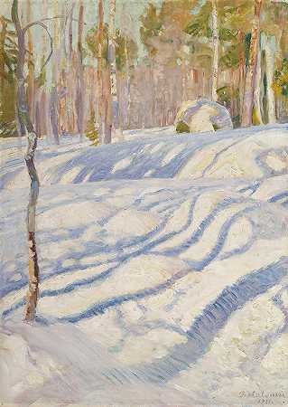 阳光明媚的冬季景观`Sunlit Winter Lanscape (1911) by Pekka Halonen