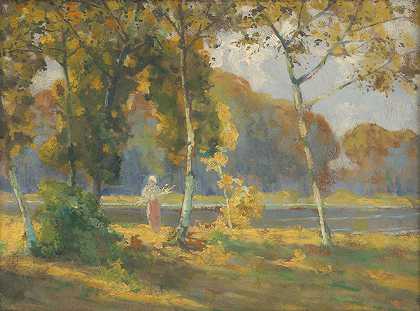 桦树盛夏`Summer landscape with birches (1915) by Ľudovít Čordák