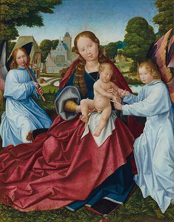 女子和孩子与天使在风景中，在远处的村庄`The Virgin and Child with angels in a landscape, a village beyond by Jan Provost