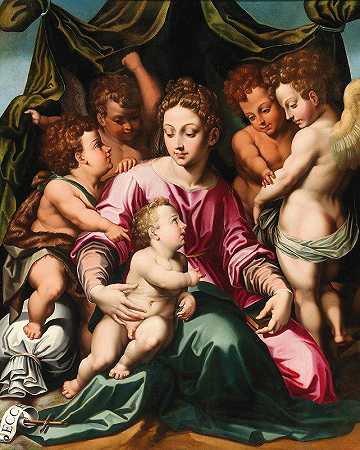 麦当娜和孩子以及婴儿圣约翰和天使`Madonna and Child with the Infant Saint John the Baptist and angels by Vincent Sellaer