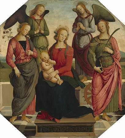 麦当娜和孩子与亚历山大的圣罗斯和圣凯瑟琳两位天使`Madonna and Child with Two Angels, Saint Rose and Saint Catherine of Alexandria (early 16th century) by School of Perugino