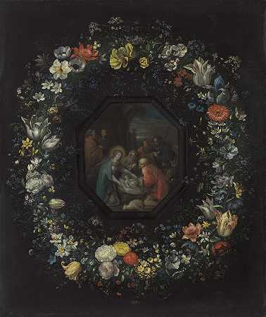 带着牧羊人崇拜的花环`Garland of Flowers with Adoration of the Shepherds (c. 1625~1630) by Frans Francken the Younger