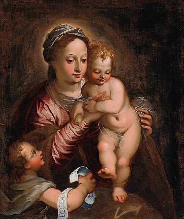 圣母玛利亚与婴儿圣约翰浸信会`The Madonna and Child with the Infant Saint John the Baptist (early 17th Century) by Venetian School