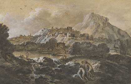 有沐浴者的山地河流景观`Mountainous River Landscape with Bathers (1752~1770) by Francesco Zuccarelli