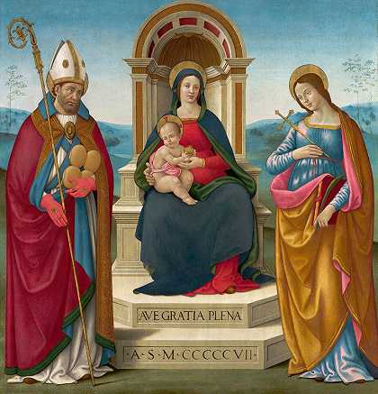 圣母玛利亚和孩子与沃尔泰拉的圣贾斯特斯和安提俄克的圣玛格丽特`Madonna And Child With St. Justus Of Volterra And St. Margaret Of Antioch (1507) by Bastiano Mainardi