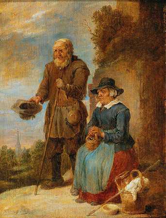 一对老夫妇在街上乞讨`An Old Couple Begging On The Street by David Teniers The Younger