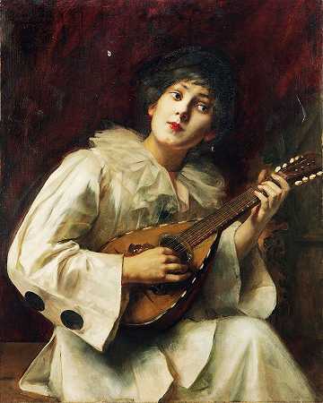 皮耶雷特弹奏琵琶`Pierette Playing The Lute (1909) by Paul De La Boulaye