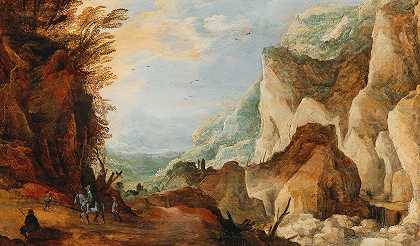 游客云集的山地景观`A mountainous landscape with travellers by Joos de Momper